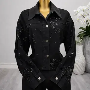 Dark Denim Jacket with Sequin Details - Stylish Black Denim Outerwear for Women