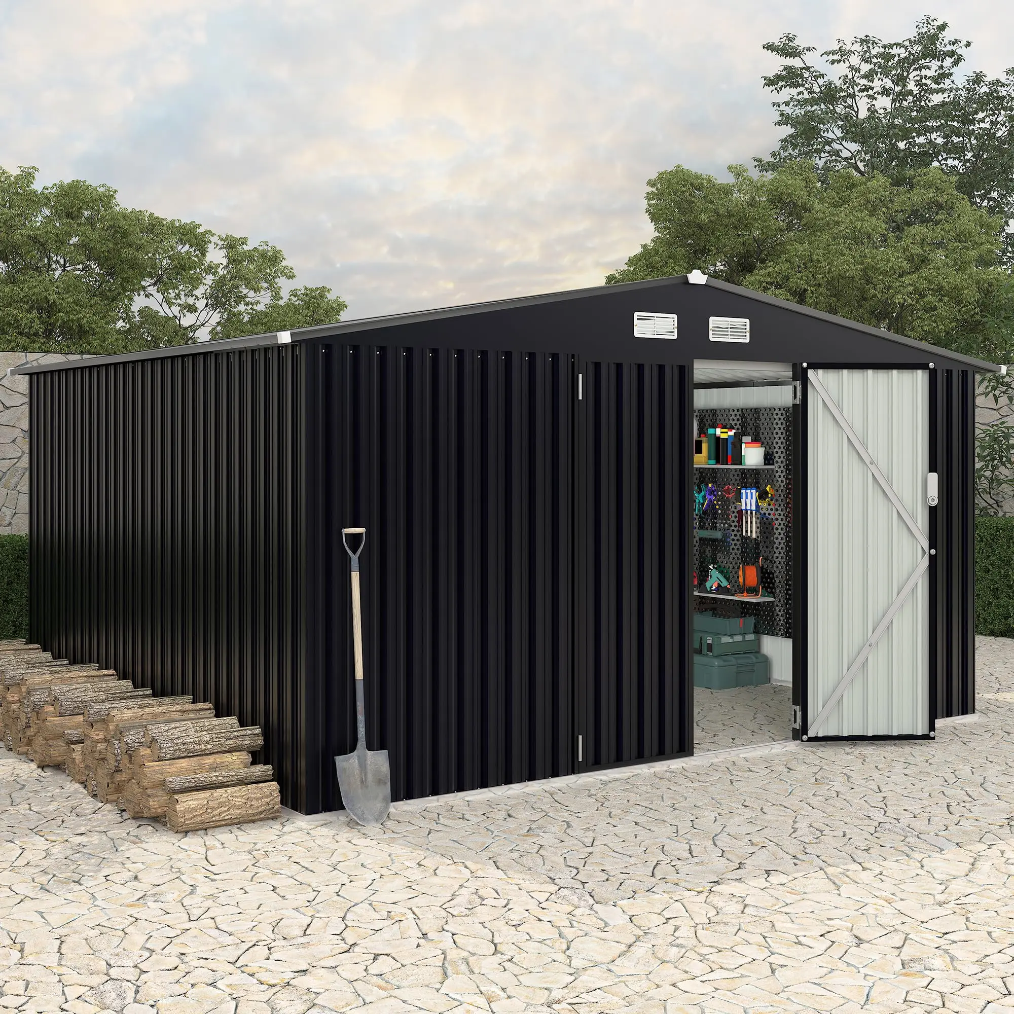 Heavy Duty Metal Outdoor Storage Storage Shelter 8x10 FT – Lockable Garden Tool Storage Shelter with Air Vent, UV & Weather Resistant Yard Utility Building for Backyard, Lawn, Patio