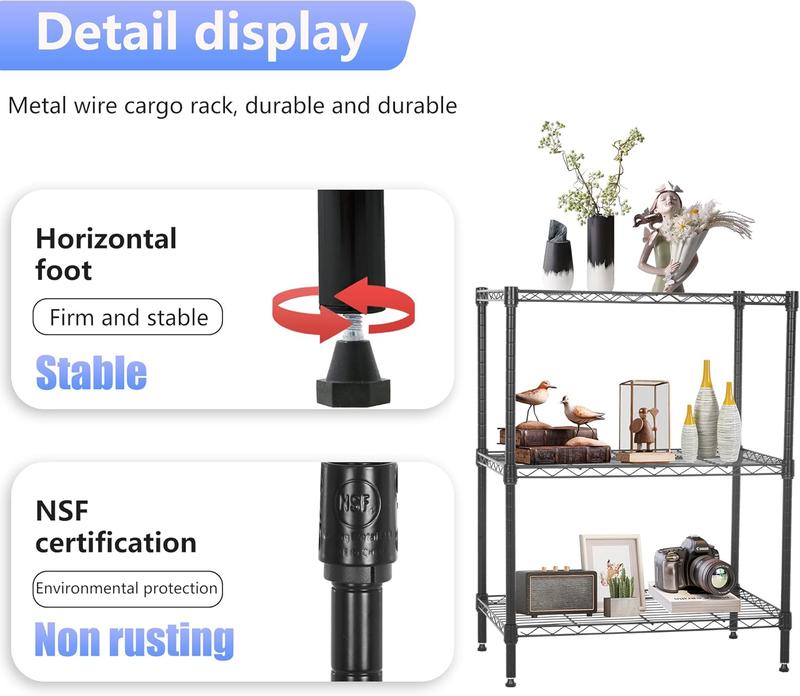 Wire Shelving Units Adjustable Metal Storage Rack 23D x 13W x 30H 3 Tier Pantry Shelves NSF Kitchen Shelf for Kitchen Garage Commercial Small Places,Black