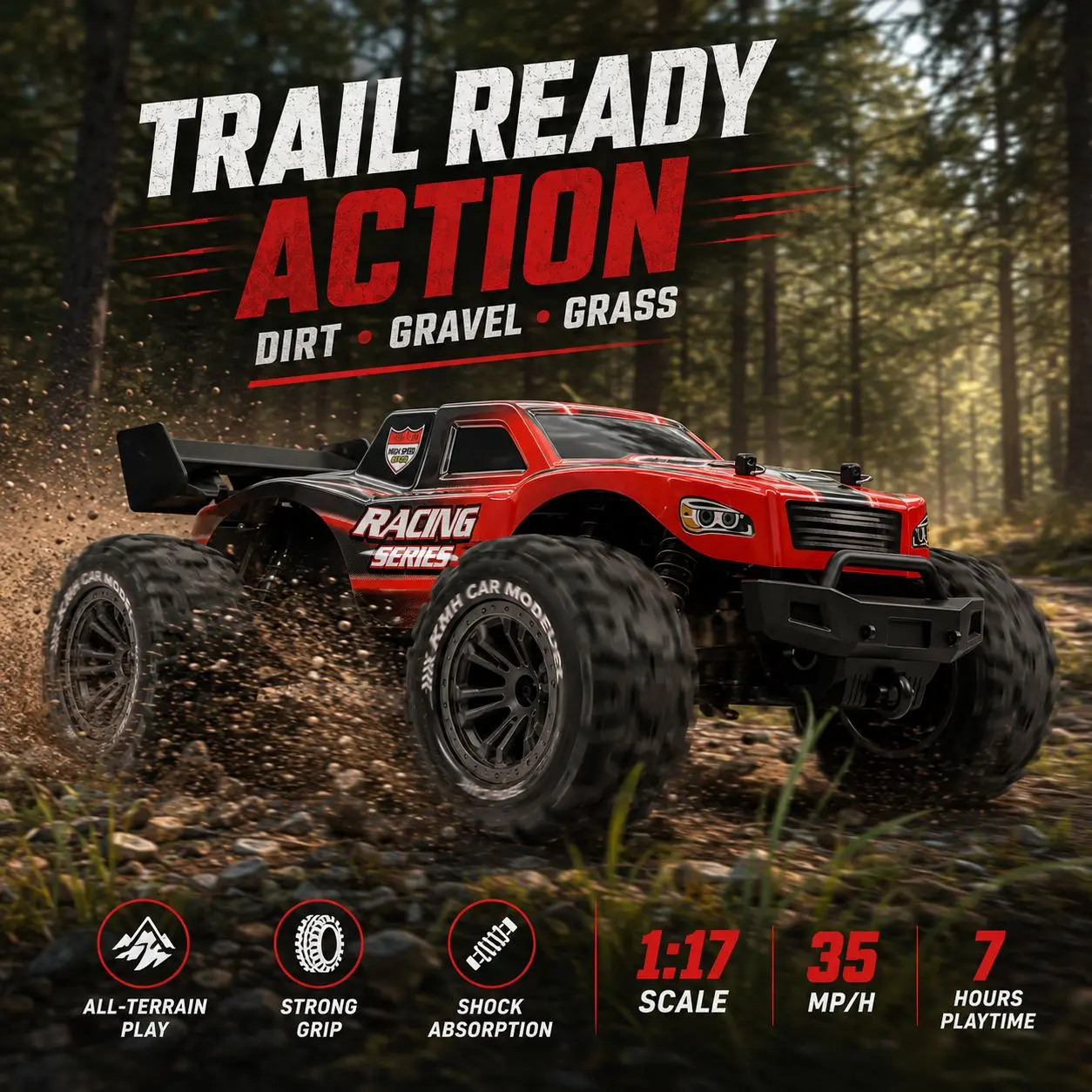 1:17 RC Off-Road Car - 35MPH High-Speed Racing RC Cars, 2.4G Wireless Anti-Interf. Control, 7H Long-Lasting Battery, Metal+Plastic Heavy-Duty All-Terrain Vehicle, Safe Durable Kids Toy, Boys' Birthday Holiday Gift