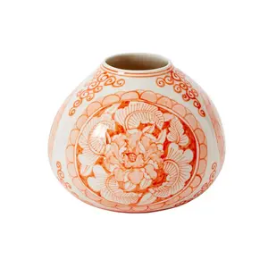 Coral Orange & White Hand Painted Chinoiserie Ceramic Eleanor Bulb Budvase