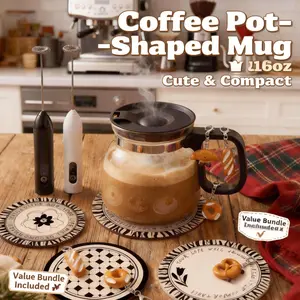 16 Oz Coffee Pot Shaped Glass Mug 4" Tall - Compact Carafe Design with Sip Lid | Value Bundle with Freebies: Electric Milk Frother, Decor Pendants, DIY Stickers & Heat Insulation Coasters | Cute Reusable Drinkware for Coffee Lovers