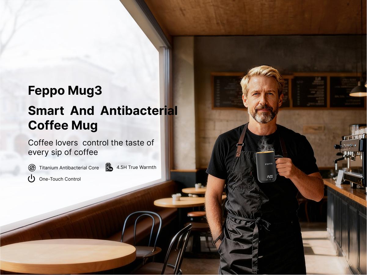 FEPPO Self-Heating Coffee Mug Warmer, 17oz Smart Temperature-Controlled Coffee Mug with Titanium Coating, Real-Time Digital Display, Built-in 2600mAh Battery with Charging Base, Great Gift for Women / Men