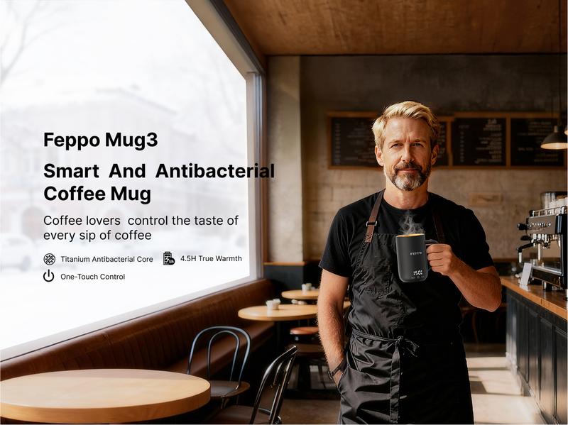 FEPPO Self-Heating Coffee Mug Warmer, 17oz Smart Temperature-Controlled Coffee Mug with Titanium Coating, Real-Time Digital Display, Built-in 2600mAh Battery with Charging Base, Great Gift for Women / Men