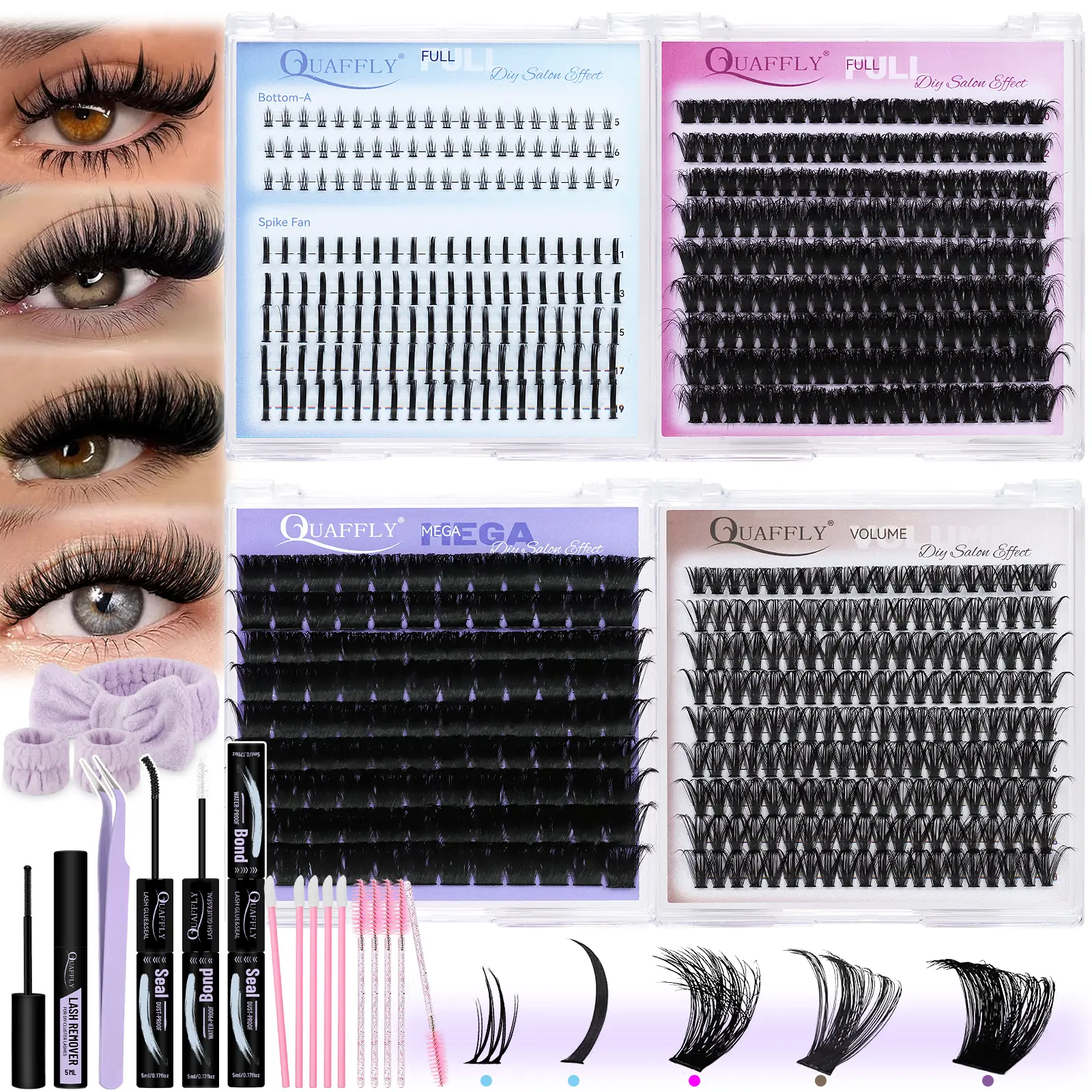 QUAFFLY Lashes 5 Styles Lash Clusters Kit, Volume/Mega/Full/Bottom Eyelash Clusters Extensions with Lash Bond and Seal, Remover,wrist strapand Lash Extension Tools for Beginners and Proficient, DIY at Home Easily（4Pack in1Box, Lash gift）