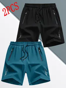 Men’s Quick-Dry Breathable Running Shorts 2-Pack – Lightweight Ice Silk Fabric, Casual Summer Beach Outdoor Sports Shorts with Zipper Pockets, Lake Blue, Dark Blue, Black, Teal Green, Gray, Loose Fit, Breathable Material