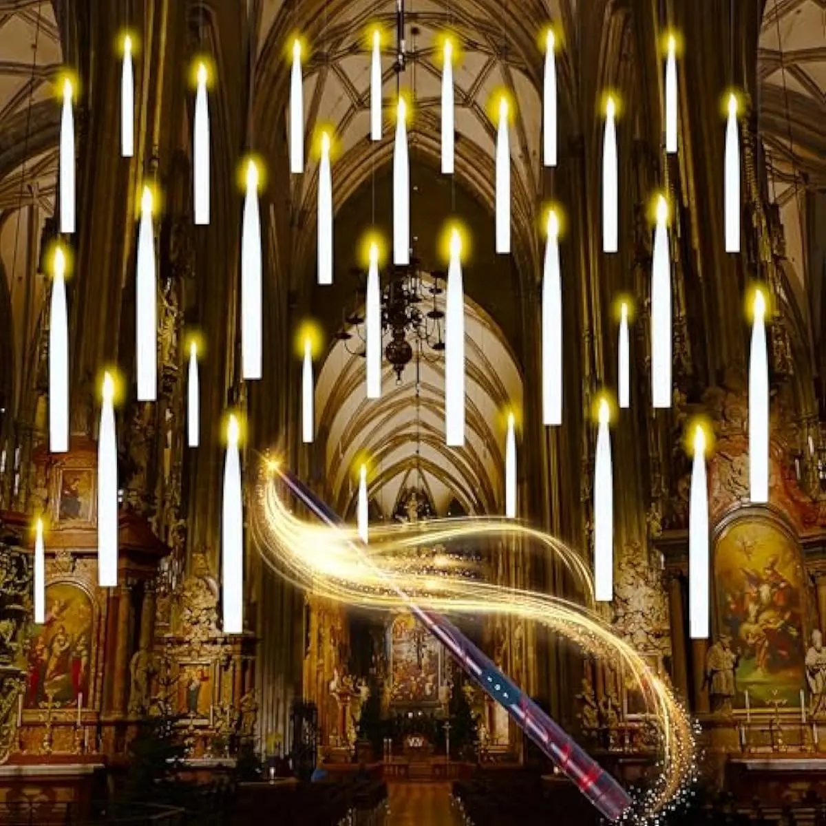 20Pcs Halloween Floating Candles with Wand Remote Flickering Warm Light Taper Magic Hanging Candles with 2 Light Mode and Timer Flameless LED Candle for Halloween Window Decorations Party Gift,decorative lights