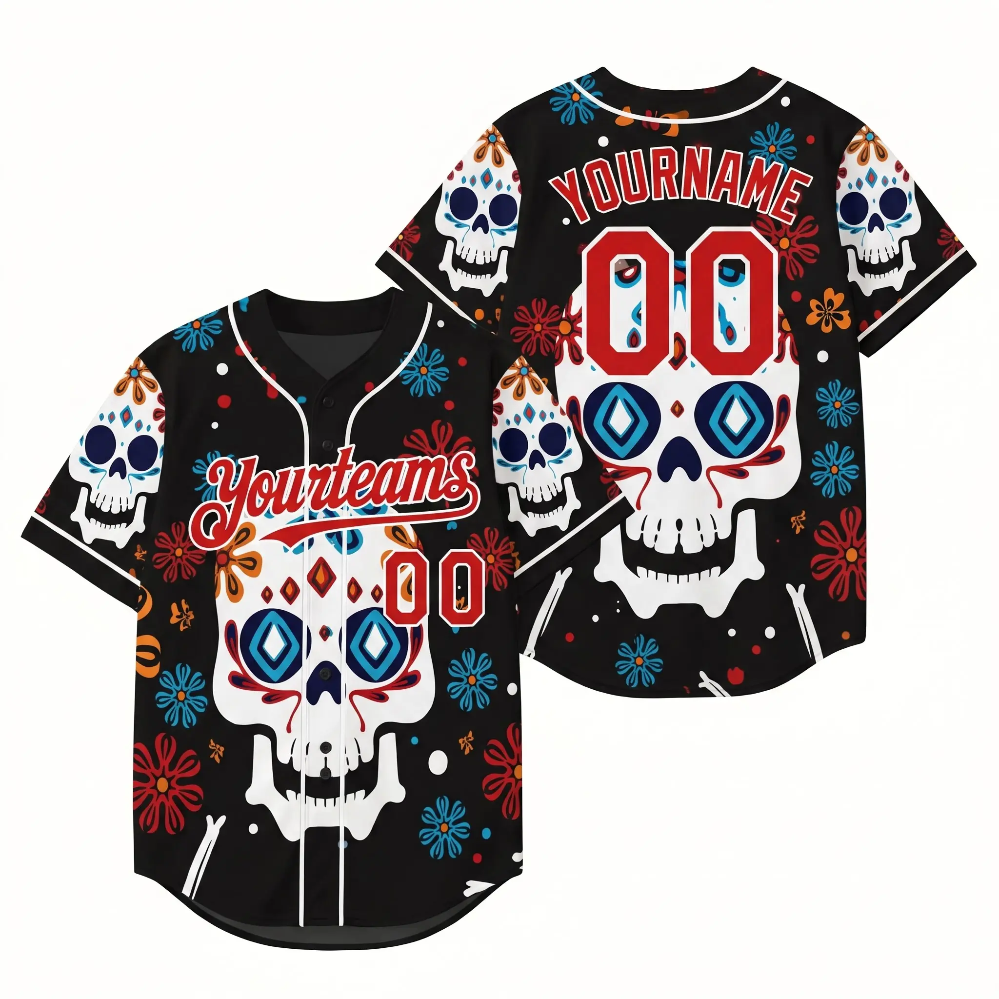 Men's Custom Black Dia De Los Muertos Baseball Jersey – Personalized Diamond Eyes Sugar Skull Floral Button Up Shirt