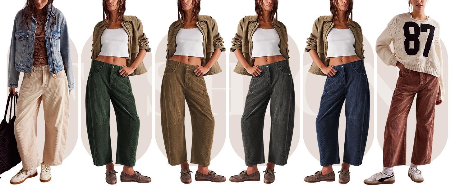 Molitree Women's Mid Rise Cord Barrel Jeans FallFreshness Casual  Wide Leg Corduroy Cropped Ankle Pants with Pockets