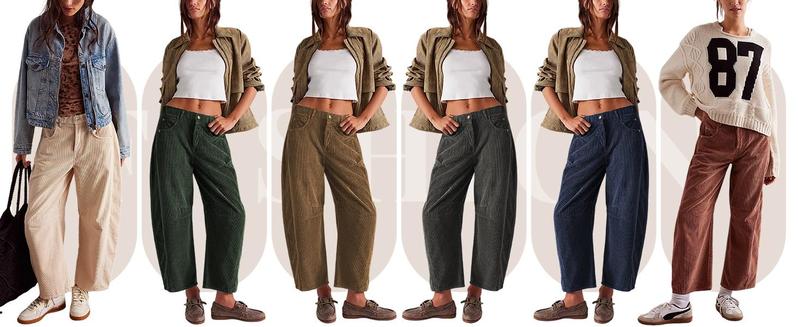 Molitree Women's Mid Rise Cord Barrel Jeans FallFreshness Casual  Wide Leg Corduroy Cropped Ankle Pants with Pockets