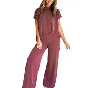 Asvivid Women's Twisted Ribbed Mock Neck Loose Short Sleeve Tee Tops Elastic High Waist Loose Pant Set Womenswear Textured Rib Casual Comfortable Outfit Clothes 2pcs Suits Bottom Everyday