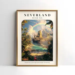 Peter Pan Neverland: Peter Pan Neverland Unframed Poster - Second Star to the Right Travel Art - J.M. Barrie Lost Boys Wall Decor - Childhood Nostalgia Gift