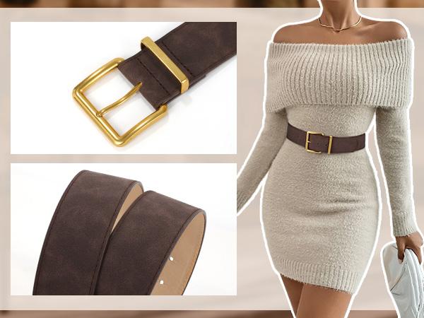 JASGOOD Women Wide Chunky Belt for Dresses Fashion Thick Suede Belt with Gold Buckle