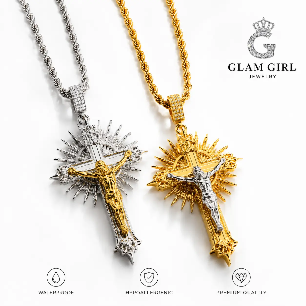 Men's 3D Jesus Crucifix Cross Necklace - 24-in Rope Chain, 2-Tone Statement Pendant with Cubic Zirconia Details, Engraved Bible Verse Back Design, Christian Faith Religious Chain Jewelry Necklaces Gift for Him men's jewelry cross necklace chains for men