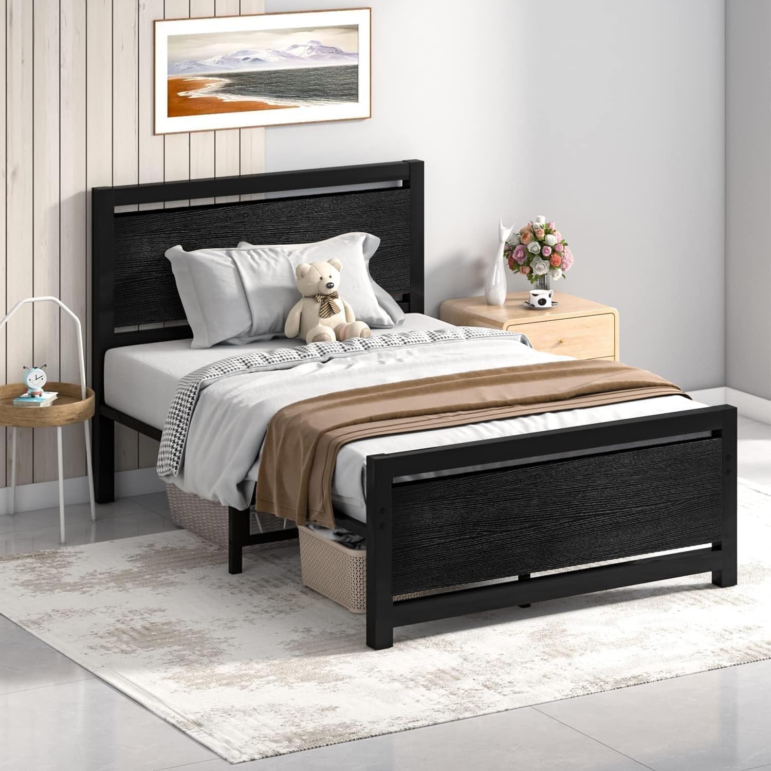 HOMBCK Bed Frame with Wood Headboard, with Strong Steel Slat Support, Heavy Duty Platform Bed, Under Bed Storage, No Box Spring Needed HOMBCK Bed Frame with Wood Headboard, with Strong Steel Slat Support, Heavy Duty Platform Bed, Under Bed Storage, No Box Spring Needed