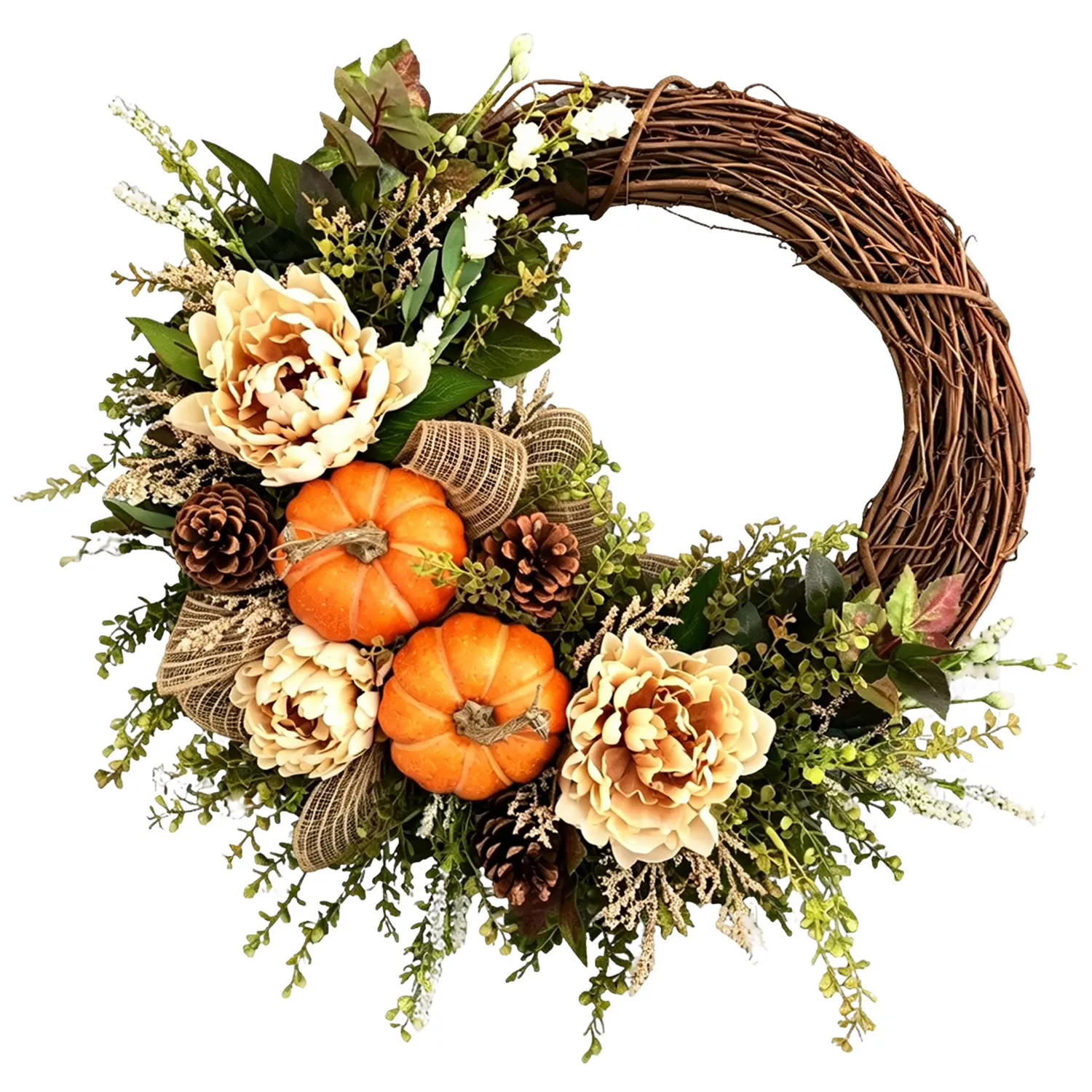 Irregular Rustic Plastic Pumpkin, Peony, Grapevine Decorative Wreath - Farmhouse Fall Decor for Home, Front Door, Porch - Wall Props for Harvest, Thanksgiving Gatherings