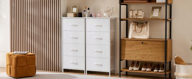 [Deal]  4 Storage Drawer Dresser for Bedroom, Fabric Storage Organizer Unit Chest of Drawers with Wooden Top for Closet, Nursery, Laundry, Living Room