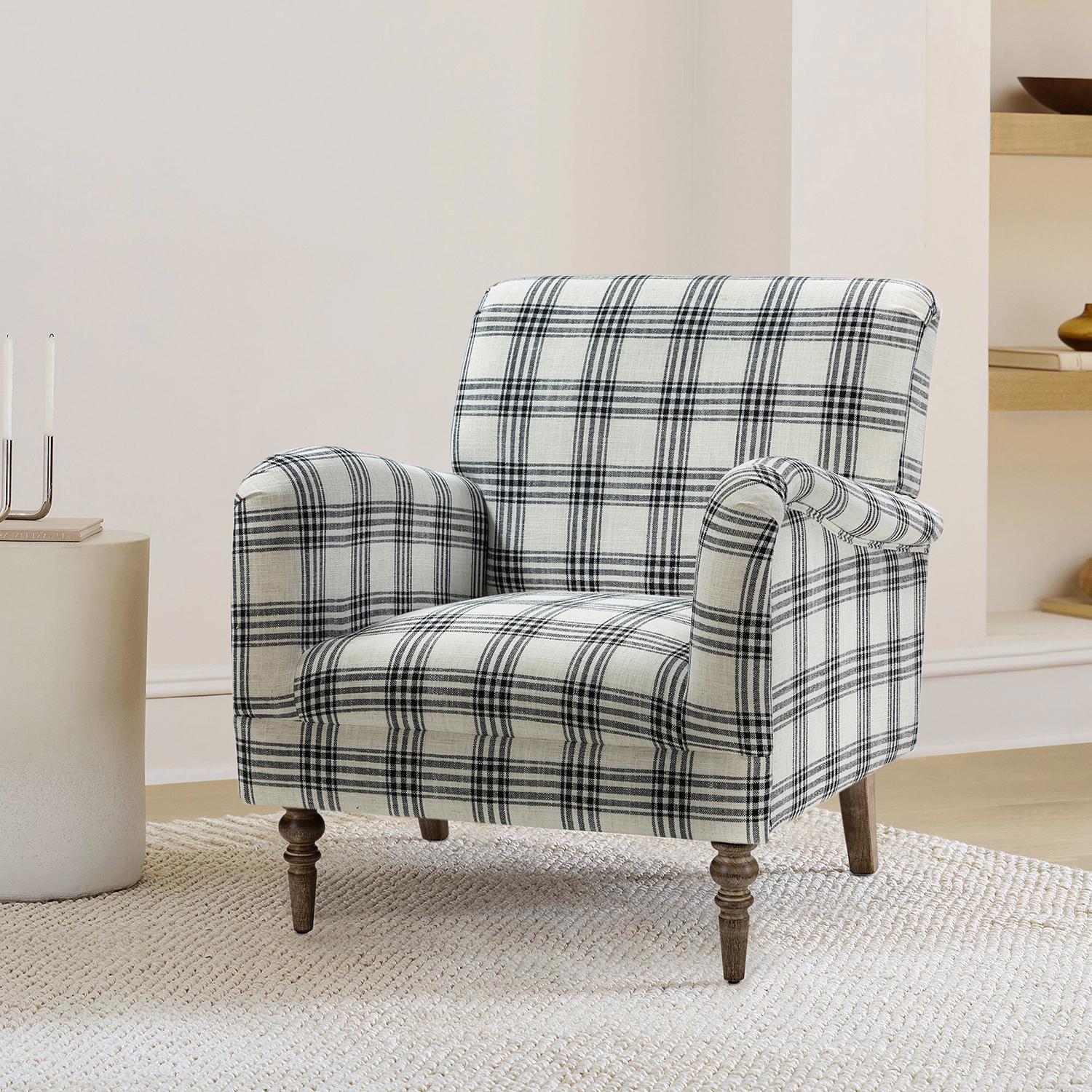 HULALA HOME Sadie Plaid Armchair Modern Accent Upholstered Chair with Solid Wood Legs for Living Room Bedroom Studio Comfy Armchair with High-Density Foam Filling and Tartan Pattern - Lounge