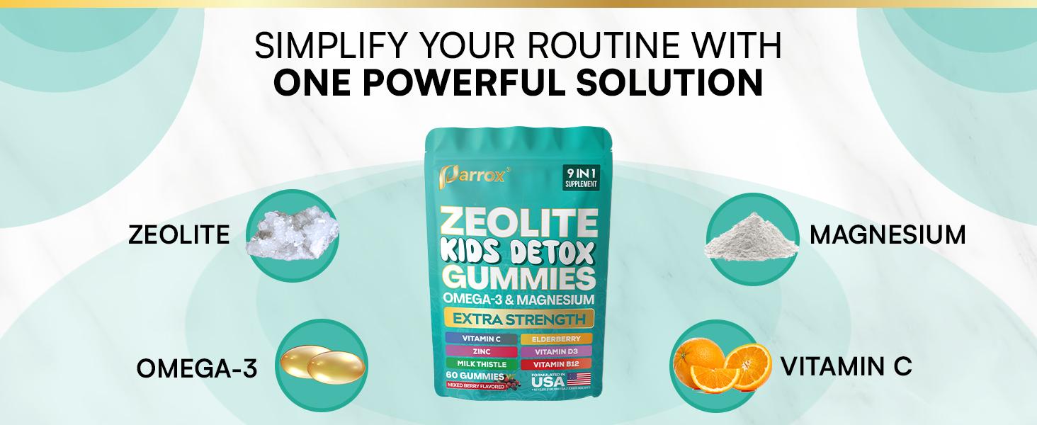 Zeolite Kids Detox Gummies (Mixed Berry Flavor) - Parrox 9 in 1 Kid Supplement for Brain, Immune, Vitamin, and Overall Healthcare - 60 Edible Gummies - Made in USA - (For Ages 3+)