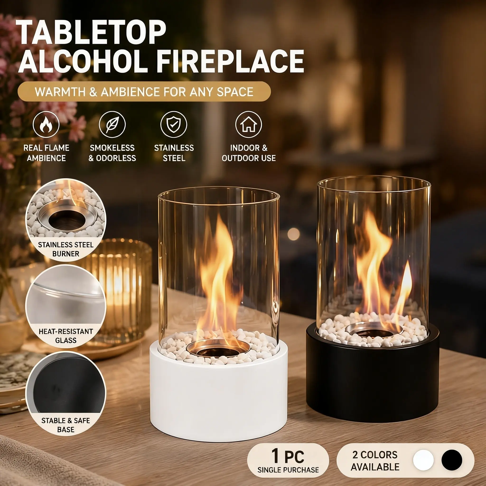 Portable Stainless Steel Tabletop Fireplace, Round Glass Strip Ambient Light Outdoor Heater, Valentine's Day Couple Gift Creative, Warming Heater Heating