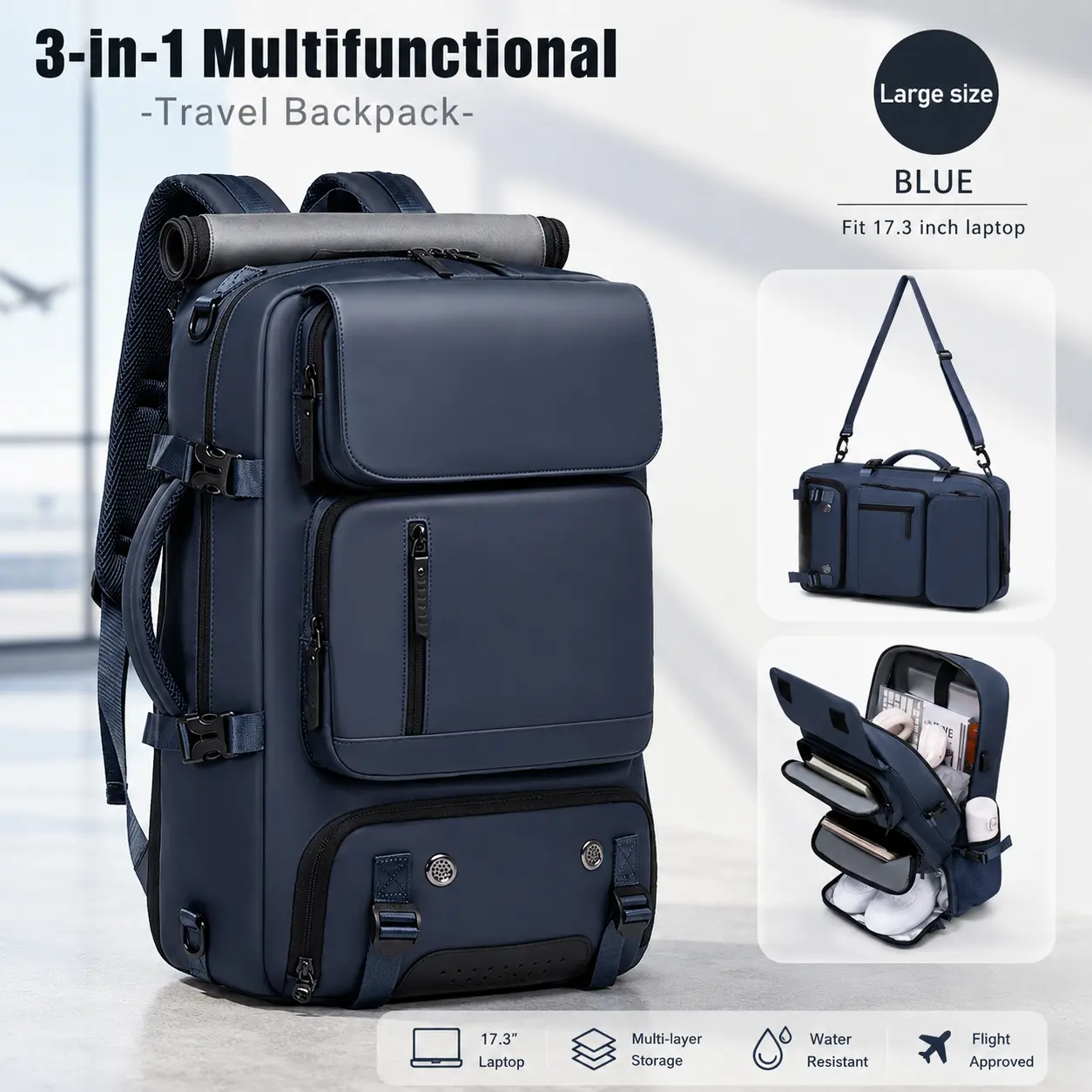 This 3-in-1 large-capacity multifunctional travel backpack for business includes a shoe compartment; it can be carried by hand, worn on one shoulder, or crossbody—lightweight and easy to carry—suitable for everyday use for both men and women and provides