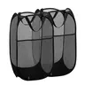 LMMAKE Black-2pcs Foldable Metal Mesh Pop-Up Laundry Hamper - Wide Opening for Fast Access, Side Pocket, Breathable Polyester, Sturdy Build, Ideal for Small Bedrooms, Space-Saving Home Storage