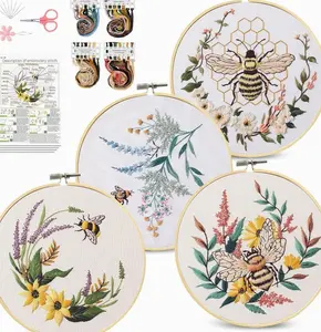 4 Pack Embroidery Kit for Beginners,Needlepoint Cross Stitch Kits for Adults,Needle Point Sets with Bee Flower Pattern Stitch Video Tutorial