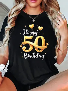 100% Cotton Happy 50Th Birthday Graphic Print Women'S Round Neck Short Sleeve T-Shirt, for Casual Outings And Festive Gifts, Beautifully Festive And Suitable for Celebrating a 50Th Birthday