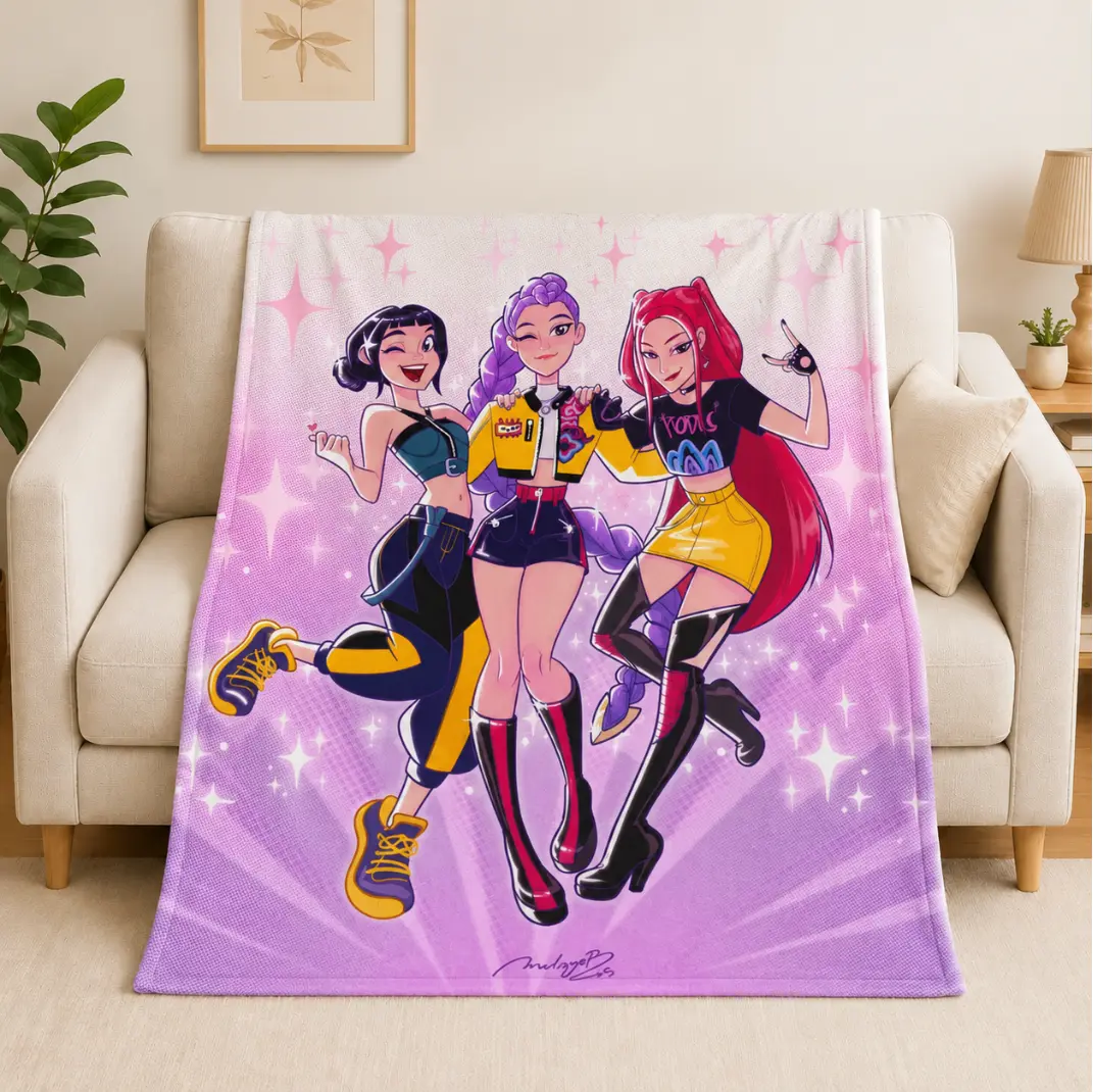K-Pop Hunter Girl Group Flannel Blanket, Soft Warm Anime Plush Throw, Moonlit Roses Bedroom Decor, Music Fan Gift for Kids Adults