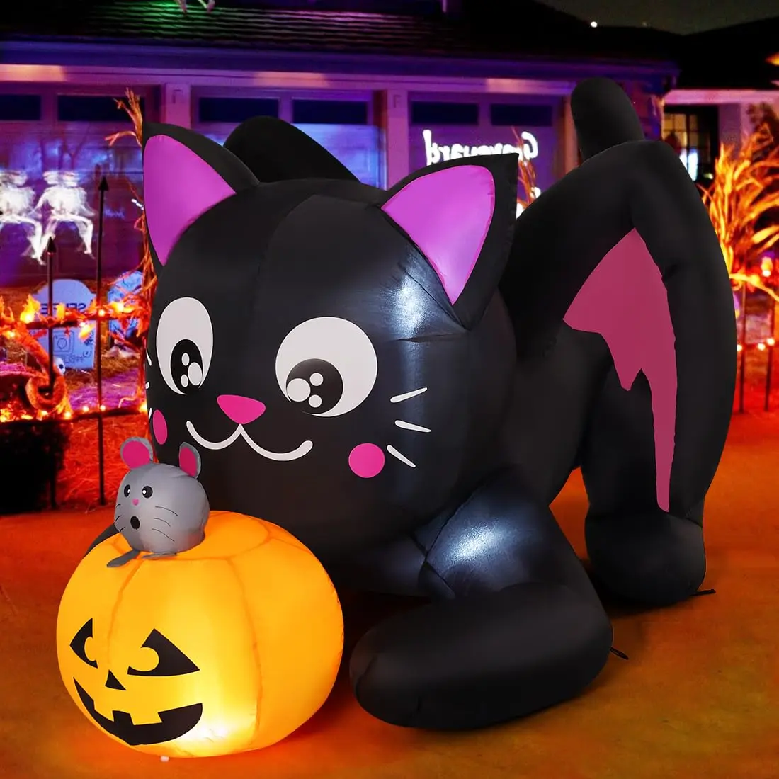 5FT Halloween Inflatable Black Cat with Pumpkin and Mouse, Built In LED Lights, Waterproof Blow Up Yard Decoration for Lawn, Garden and Porch
