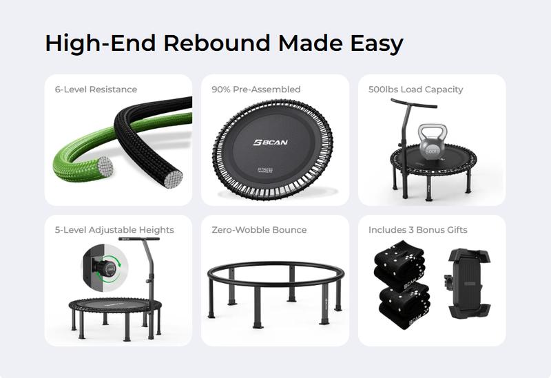 FED Fitness Bcan BT4 Soft Land Pro Adult Round Bungee Trampoline with Adjustable T-Handlebar — High Capacity Fitness Rebounder, 6 Resistance Levels & Bonus Accessories