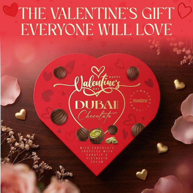 BeeMax Valentine’s Limited Edition Dubai Style Chocolate Truffles - 4.24oz Heart-Shaped Gift Box (Pack of 1) - Premium Milk Chocolate w/ Pistachio Cream & Crunchy Kadayif - Gourmet Candy for Your Loved One