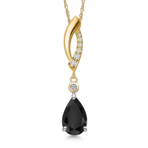 925 Silver and 10K Yellow Gold Black Onyx and Lab Grown Diamond Pendant Necklace for Women | 1.35 Cttw | Gemstone December Birthstone | Pear Shape 9X6MM | With 18 Inch Chain