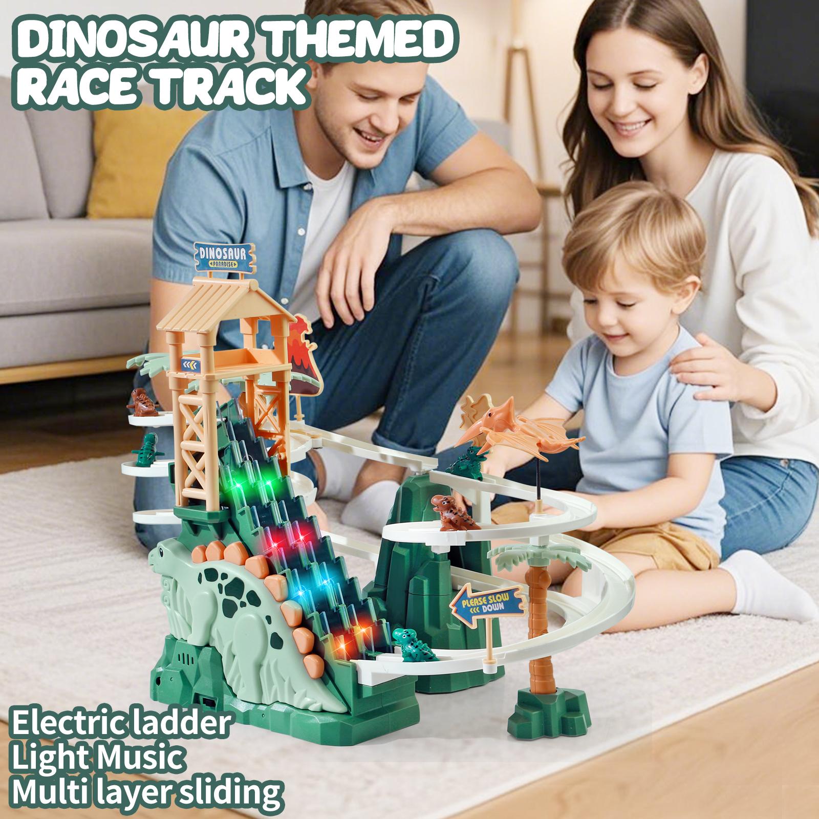 Dinosaur Climbing Slide Toy for Kids with Lights & Music 5 Mini Dinosaur Cars Double Loop Race Track Game Set Stair Climbing Toy for Boys and Girls Interactive Race Track for Toddlers Ages 2+