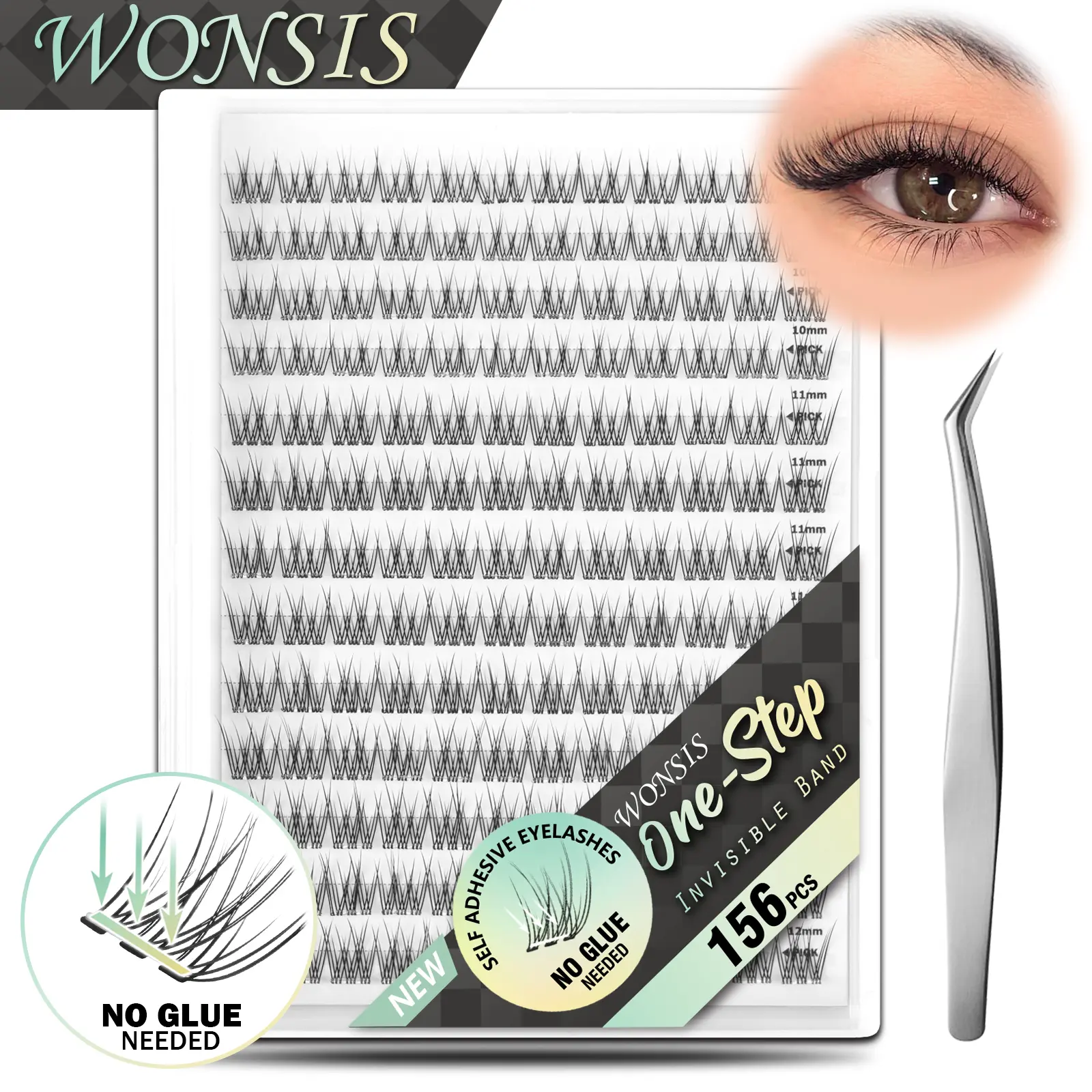 WONSIS Self Adhesive Eyelashes, 156 Pcs Self Adhesive Eyelash Clusters, No Glue Needed, Invisible Band Lash Clusters - Longer Lasting, No Sticky Residue Pre Glued Eyelashes