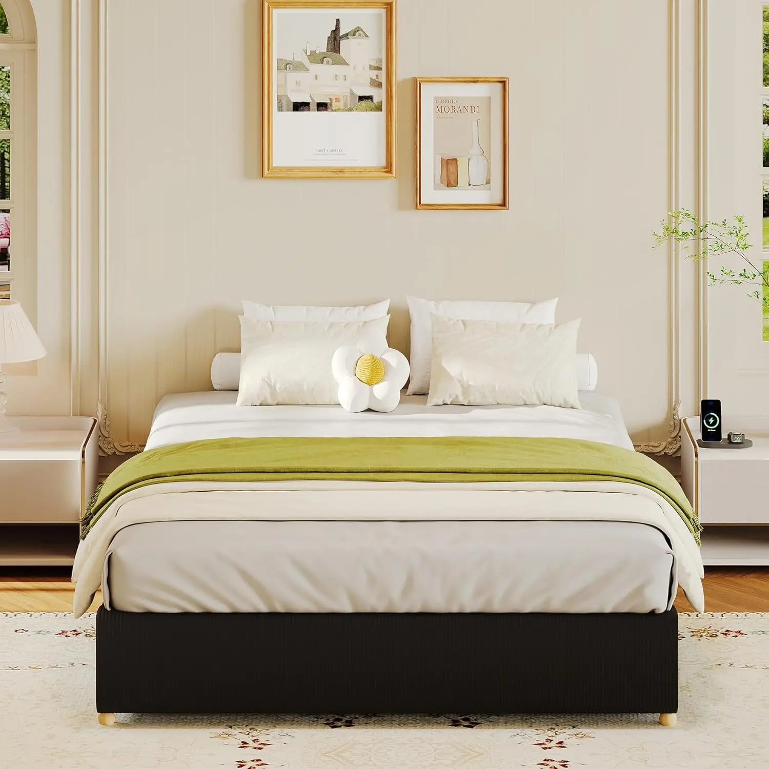 Farmhouse Low Profile Corduroy Upholstered Platform Bed Frame, Durable Wood Legs, No Headboard, 1000 Lbs Capacity, Noise-Free Slat Support, No Box Spring Needed