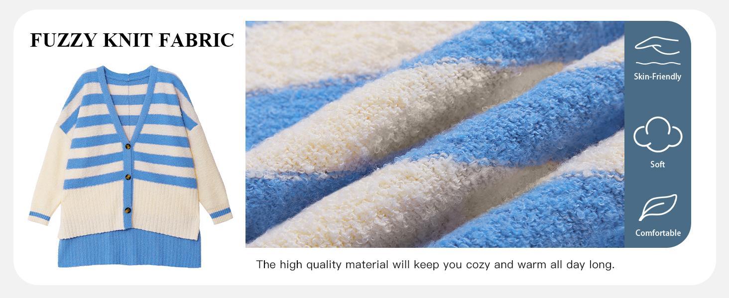 Imily Bela Womens Oversized Striped Cardigan Sweaters V Neck Fuzzy Knit Button Up Side Slit Fall Sweater Coats