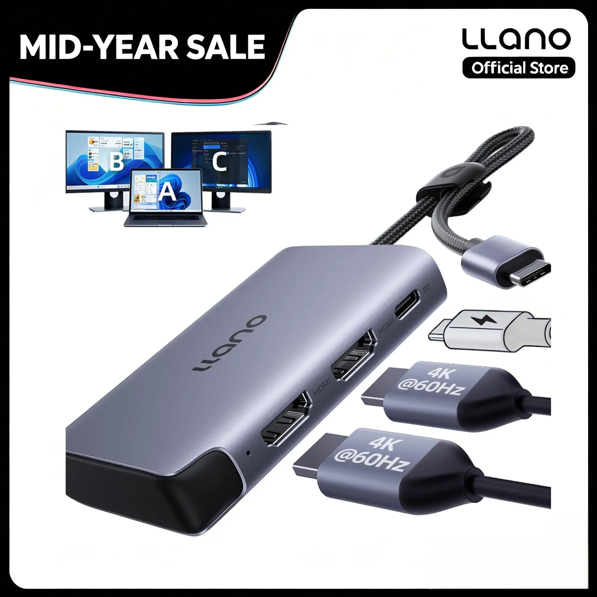 DealsForYouDays llano HDMI Splitter Extended Display for Dual Monitors,USB-C to Dual HDMI Adapter with 2 Port 4K@60Hz 2K@144Hz@120Hz Simultaneous Output & PD 100W, MST HDMI SplitExtend for MacBook Windows Laptop