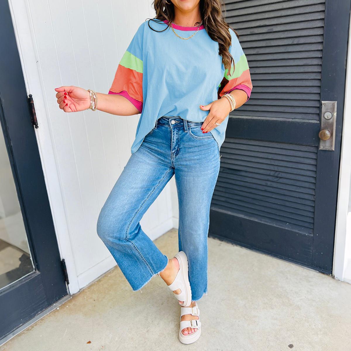 Mntaor Colorblock Stitching Sleeve Crewneck Oversize Top - Comfortable Casual Style with Round Neck and Block Stitching,Winteroutfit