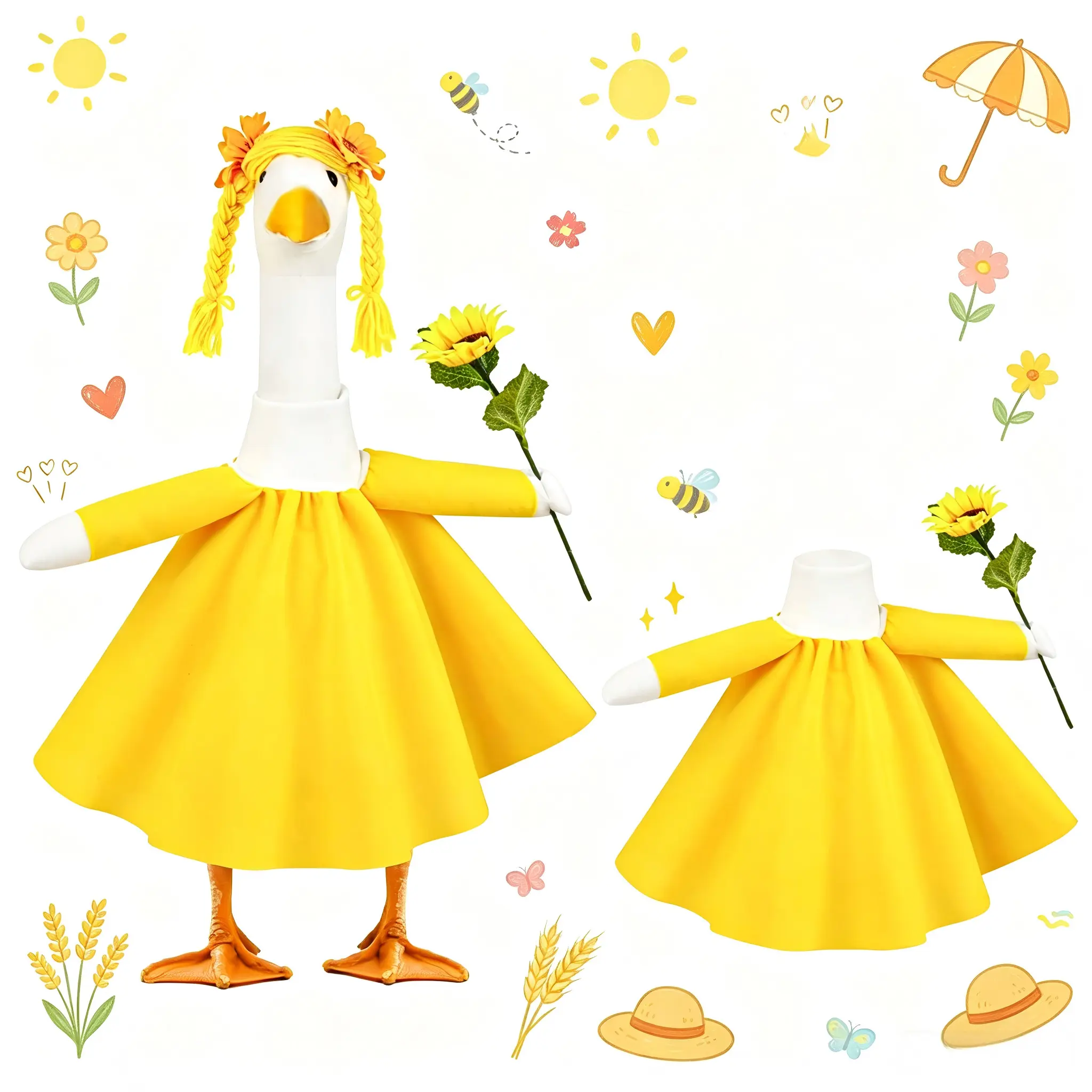 23" Yellow Sunflower Goose Costume Set, Floral Dress with Braided Wig Headband & Sunflower, Spring Summer DIY Lawn Decor Supplies for Outdoor Porch Costume Decoration