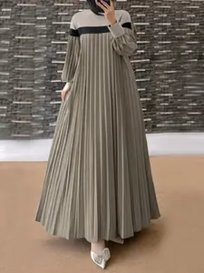 Women's Colorblock Pleated Long Sleeve Dress, Elegant Round Neck Long Dress for Party Club Dating Wear, Dresses for Women, Women's Clothing for Fall & Winter, Elegant Dress, Colorblock Dress, Women's Clothing, Classy Modest Dresses