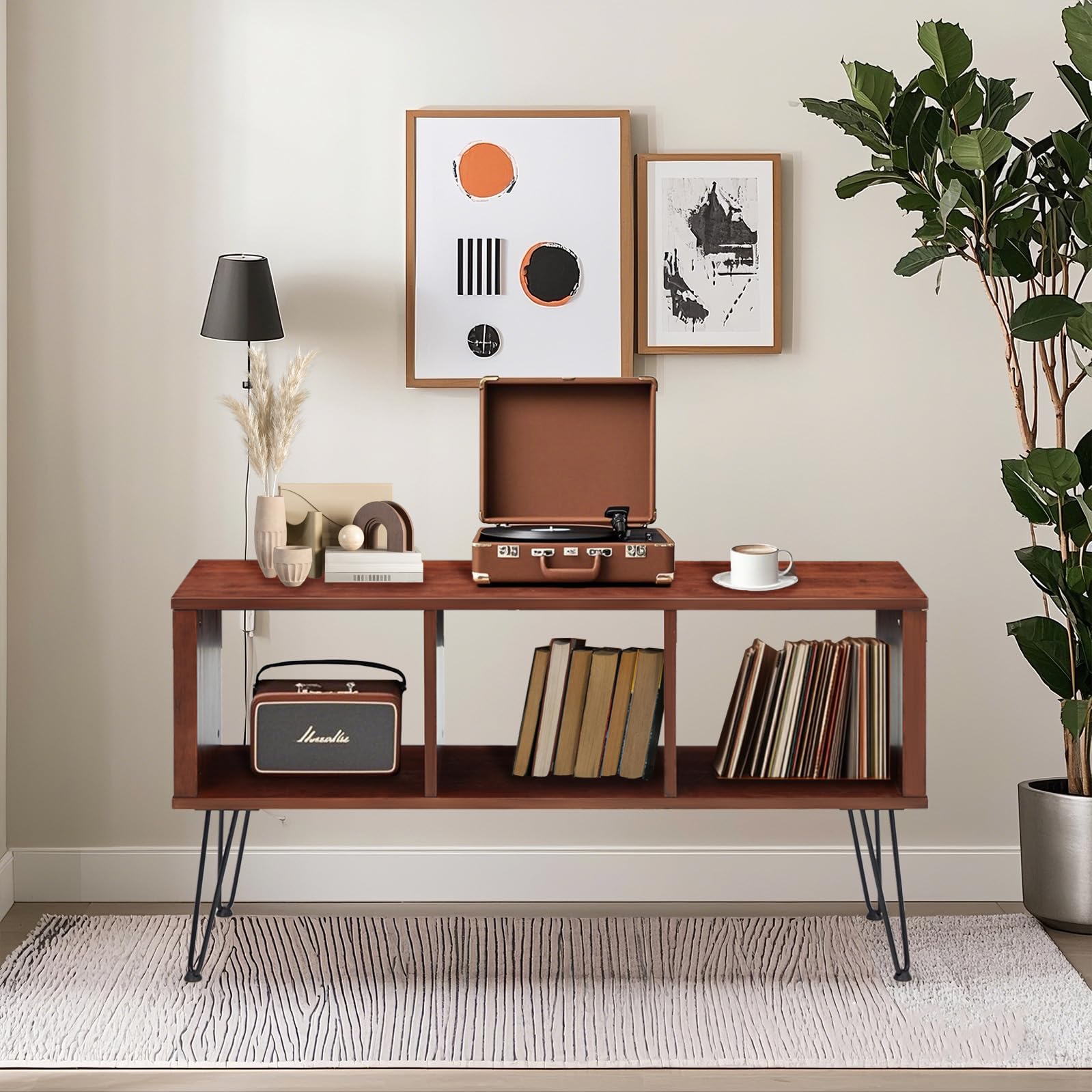 YODOLLA 50" Walnut Mid-Century Modern TV Stand, TV Up to 60 Inch, Detachable Legs, Vertical & Horizontal Storage, Record Holder Shelf for Living Room, Bedroom, Horizontal and Vertical