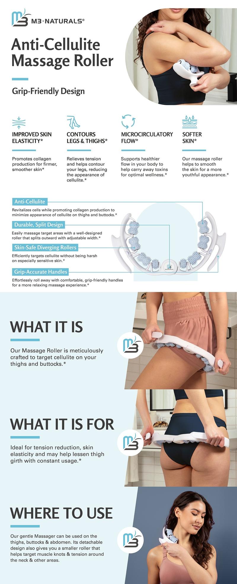 M3 Naturals Anti Cellulite Roller & Lymphatic Drainage Massager - Fascia Blaster for Contoured & Smoother Skin - Tool for Sore Arms, Legs, Stomach & Buttocks - Body Care - Pilates Equipment Blood Flow Daily Cosmetic