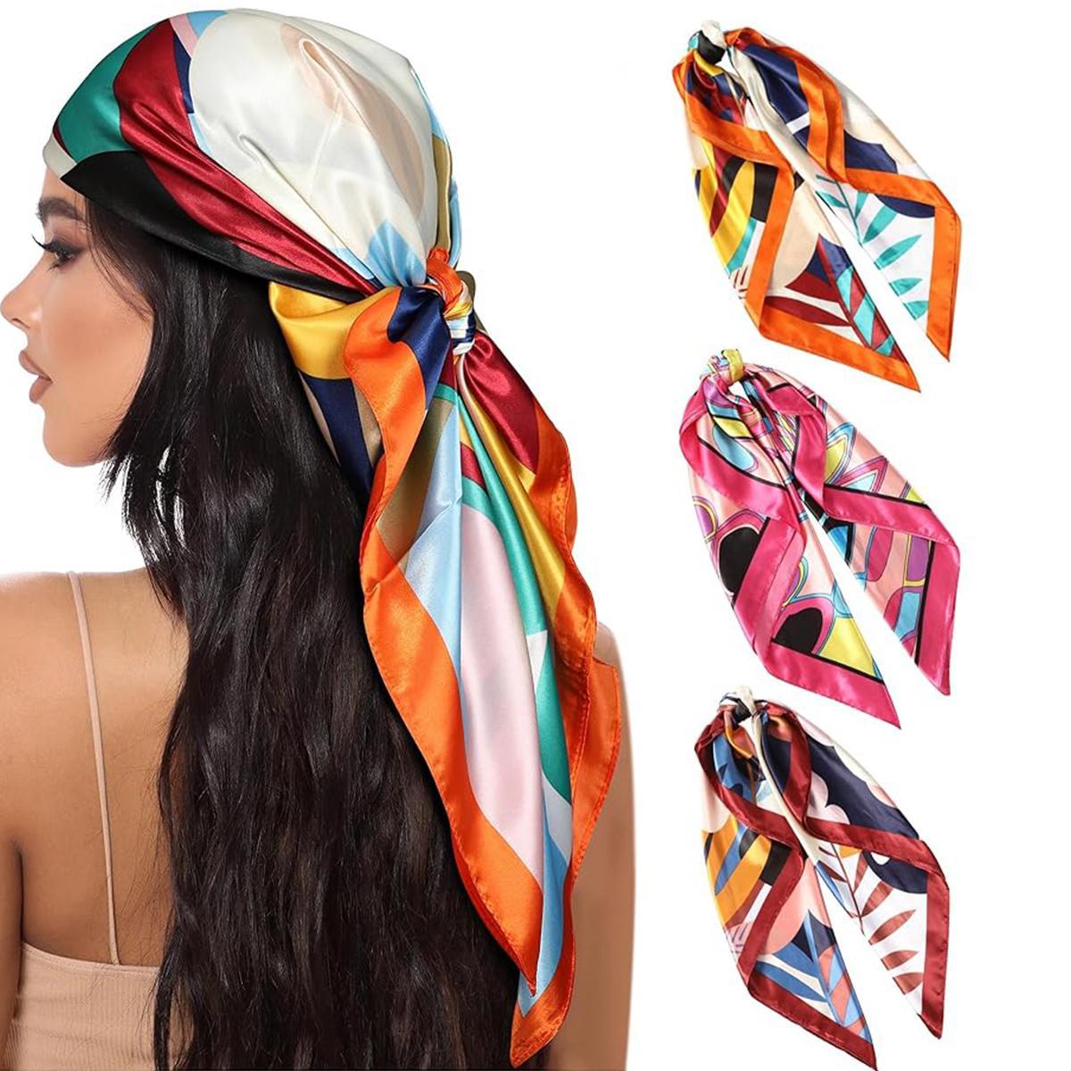 3-piece suit 35 Inches Large Printed Silk Like Texture Square Head Scarf Neck Scarves for Women Hair Kerchief Bandanas Scarf Sleeping Head Wraps Hair Band Headscarf Female Hair Accessories
