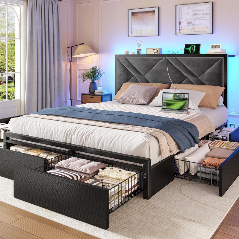 6 Drawers LED Bed Frame with Storage Shelf, Wood Luxury Platform Bed Frames with USB Port Charging Station & Upholstered Headboard for Queen, Full, Holds 1000lBS, No Box Spring Needed, Gray, Rustic Brown