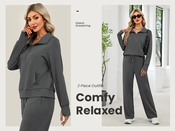 Casly Lamiit Women's 2-Piece Chic Ribbed Silk-Like Loungewear Set - Drop-Shoulder Oversized Half-Zip Pullover Top with Thumbholes, High-Waist Wide-Leg Pants (Skim, Not Hug) - Fitness & Outdoor Travel Essentials