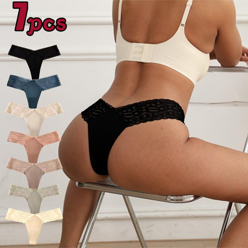 7-Pack Women's Seamless Low Waist Lace Thong Underwear - Clear G-String Underwear for Daily and Special Occasions, Elegant and Comfortable Seamless Thong Women's Basic Winter, Back-to-School Clothing/Ladies, Women's Underwear/Ladies Panties