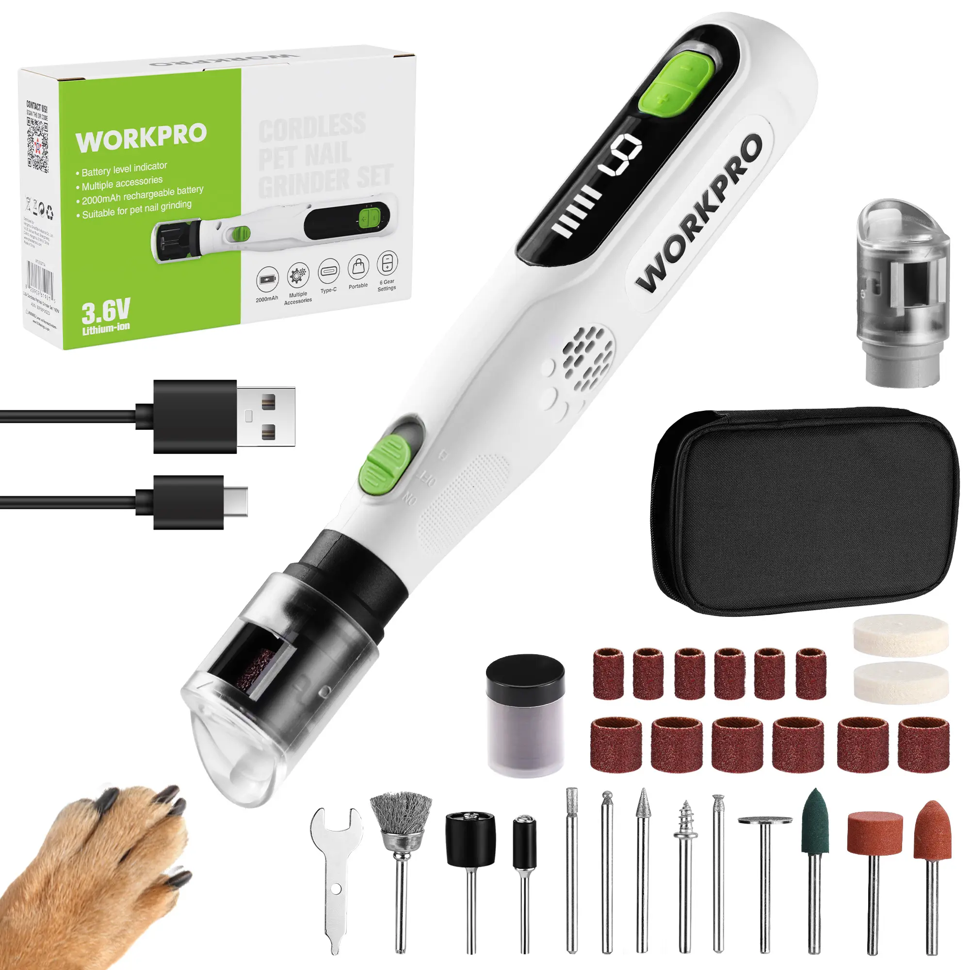 #backtoschool WORKPRO 6-Speed Dog Nail Grinder, Pet Nail Grinder for Small, Medium, and Large Dogs and Cats, 70 Accessories Rotary Tool with Type-C Charging Cable and Storage Bag for Sanding, Carving, and Polishing