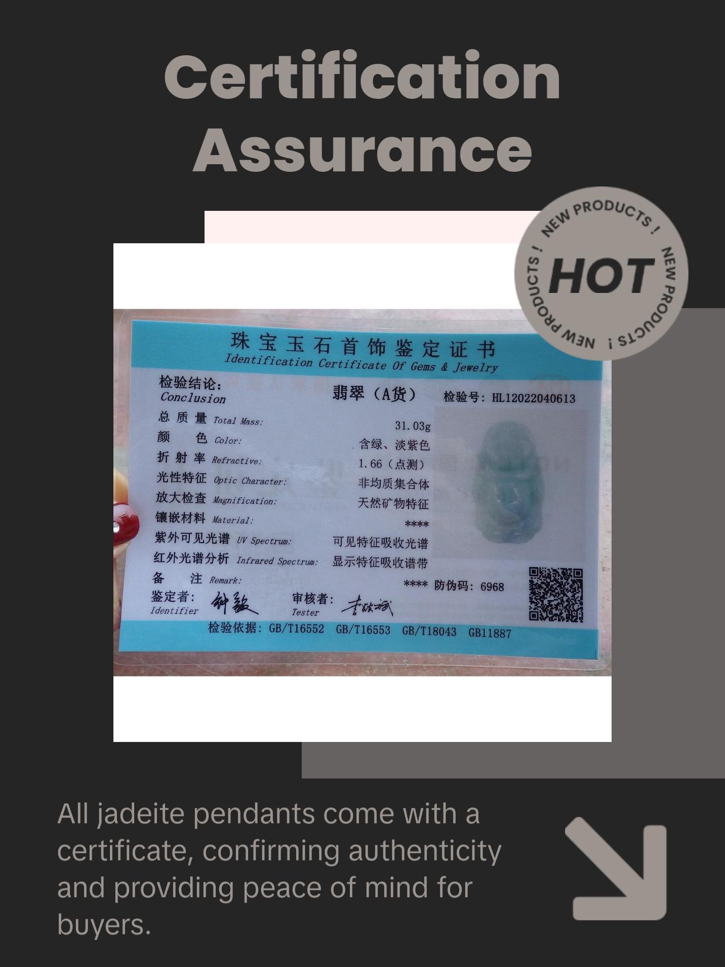 Certified Hand Carved Green Natural Myanmar Burma A Jade Jadeite Buddha God Lucky Amulet Pendant Necklace