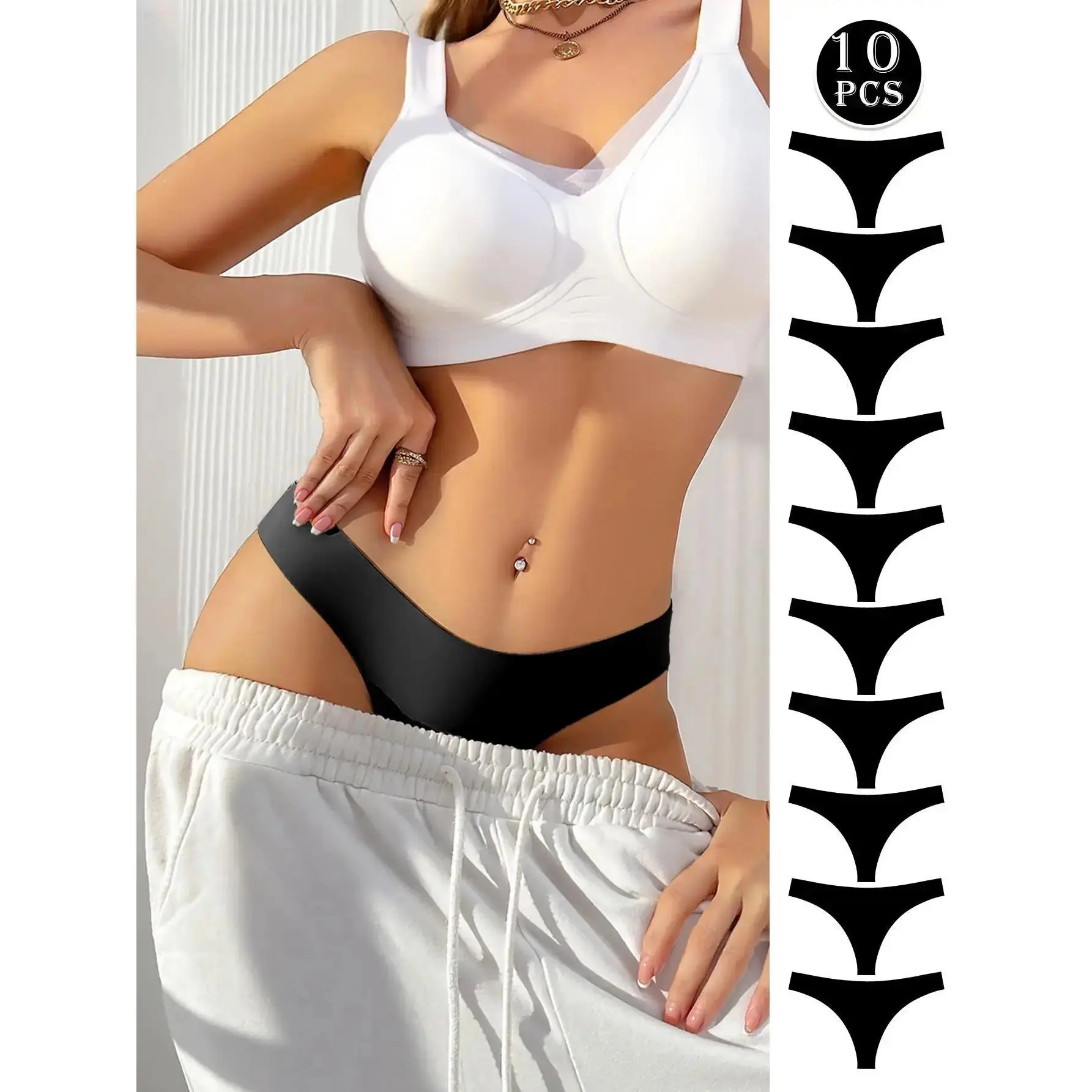 Women's Solid Color Nylon Thong Panties - Lady's Seamless Breathable Knickers, Minimalist Soft Comfy All-Season Daily Casual Underwear (3/10-Piece Options), Black (3 Pieces)